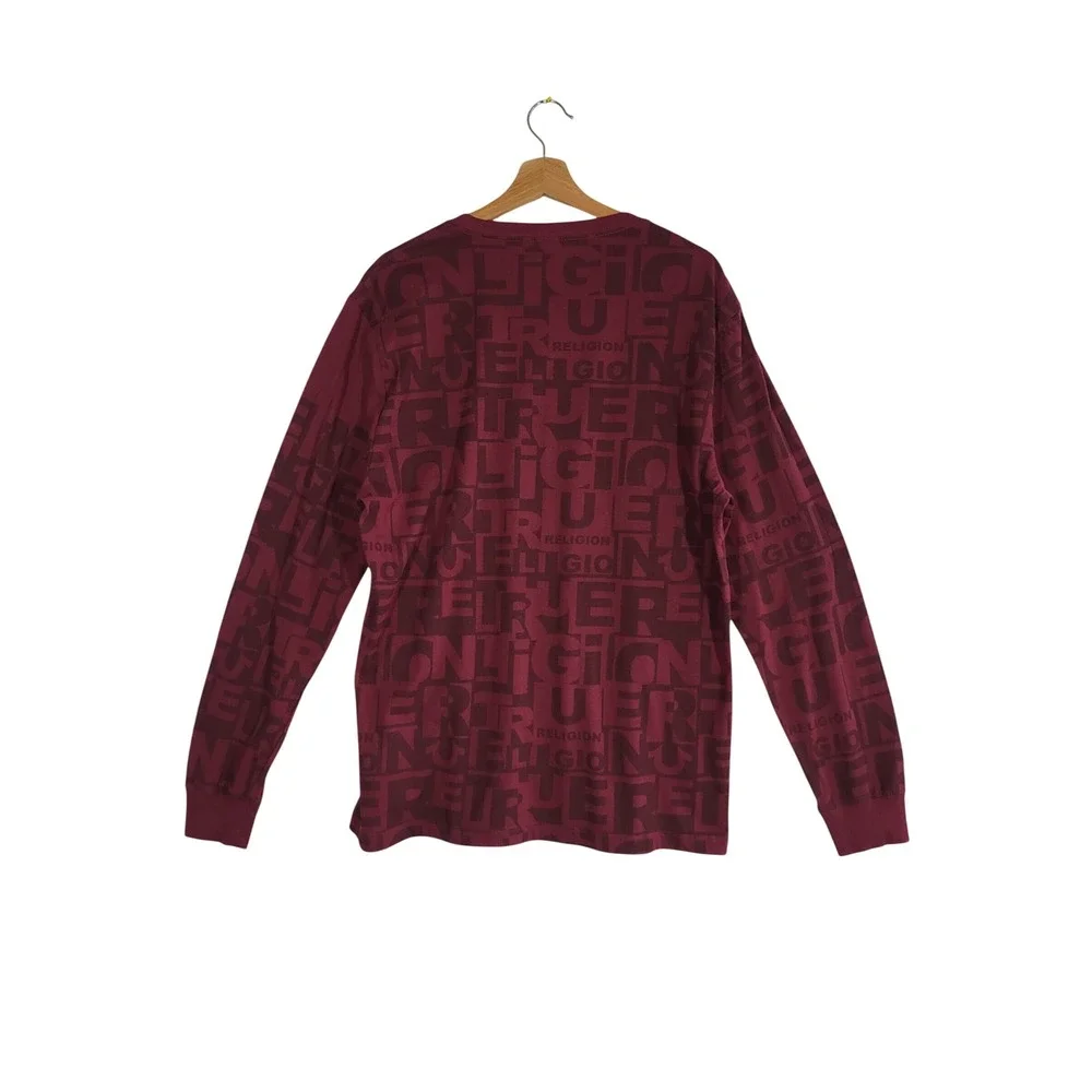 True Religion Long Sleeve T-Shirt Mens XL Burgundy All Over Logo Print Tee Y2K